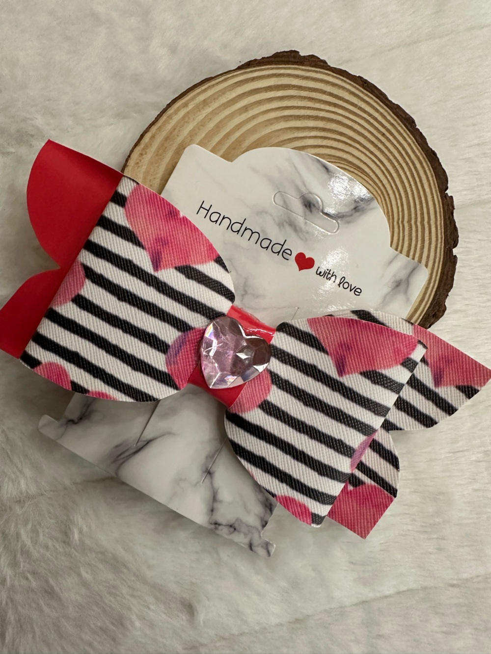 Handmade Kids Hair Bow - Pink & Black Striped Heart Print